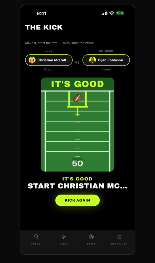 The Kick screen deciding between two players with a field goal animation.